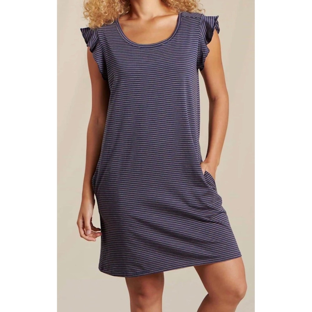 Toad & Co Rufflita Dress Navy Brown Striped‎ Organic Cotton Tencel XS